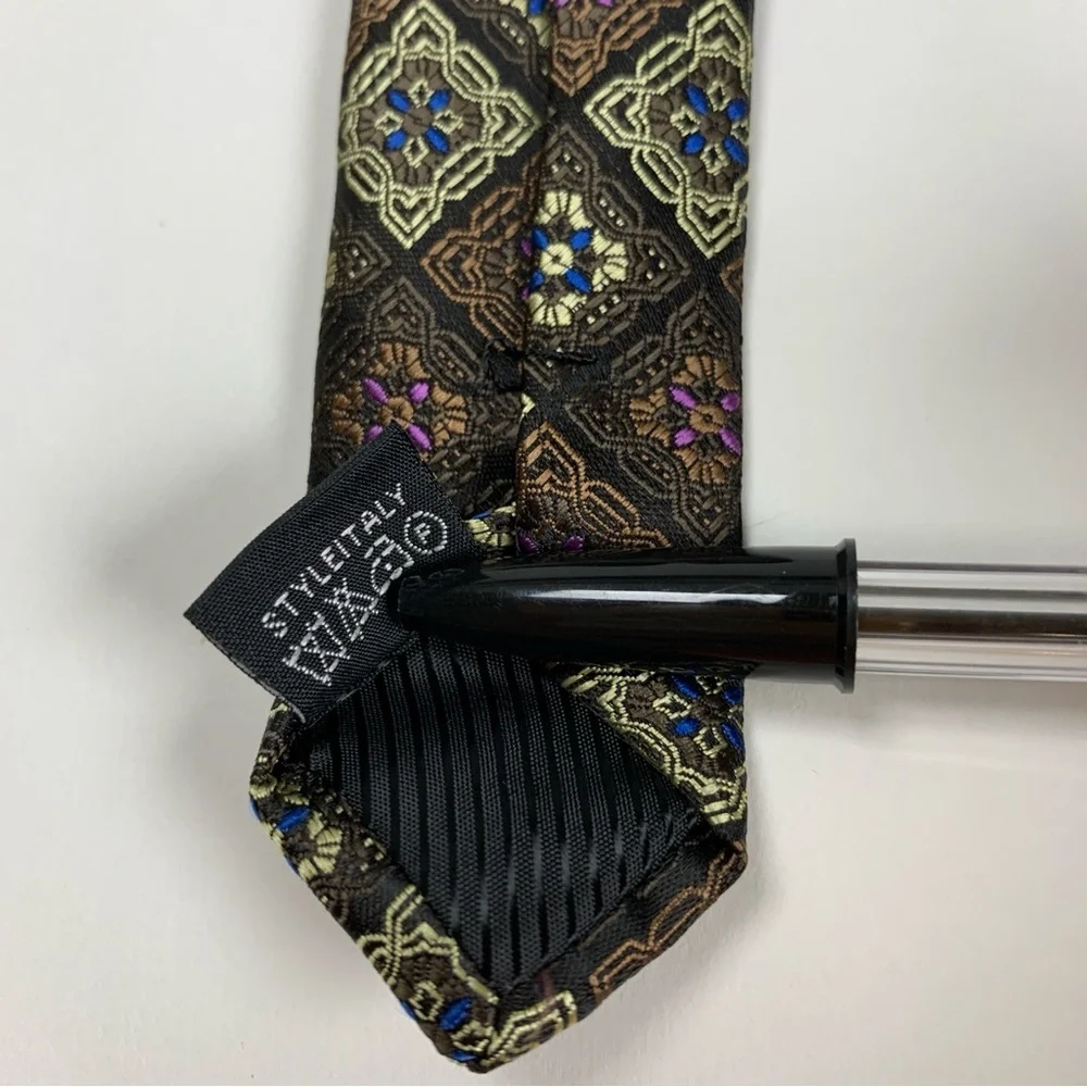 Hi-Tie‎ Tie Men's 100% Silk Brown Tone Geometric 3.25